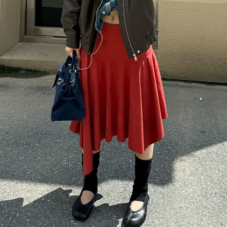 【YU】时髦街头复古麂皮绒不规则中长款收腰荷叶边半身裙