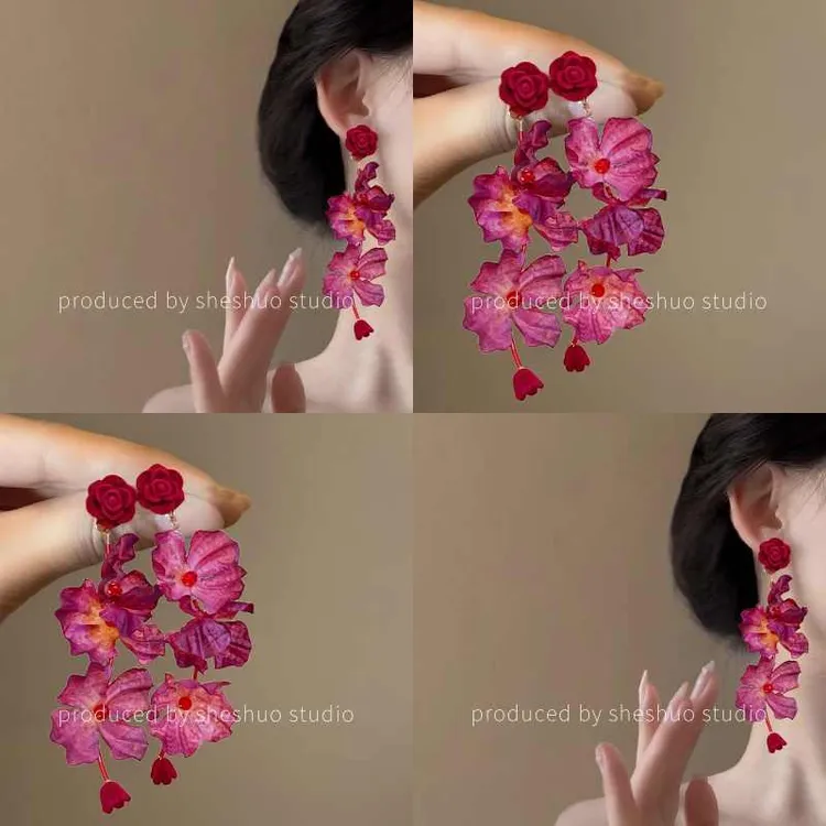 铜合金布艺耳饰 超仙红色流苏花朵长款耳环高级耳环2026新款耳饰