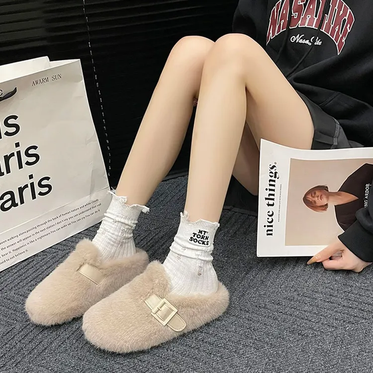 2025女鞋白色法式毛毛鞋女秋冬款时尚加绒加厚保暖一脚蹬软底拖鞋