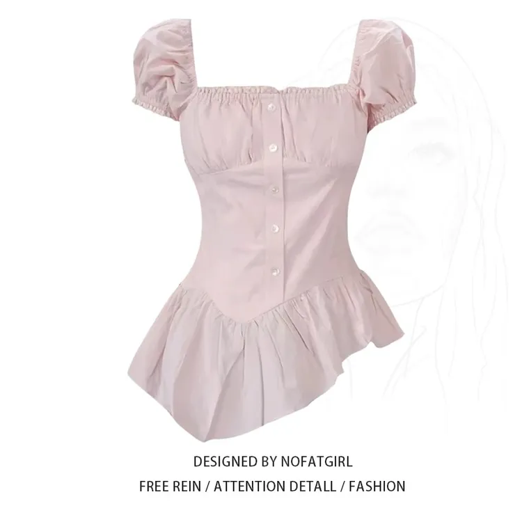 大码胖MM2025夏季法式甜美方领泡泡短袖褶皱显瘦不规则粉色衬衫女