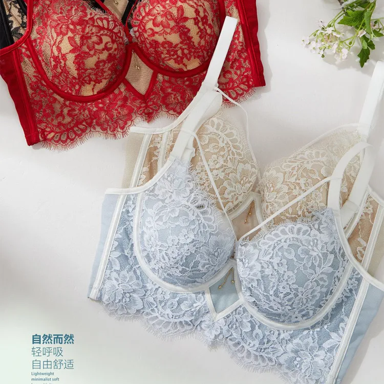 BC水晶杯内衣女超薄缩胸性感纯欲红色套装文胸聚拢收副乳上托调整