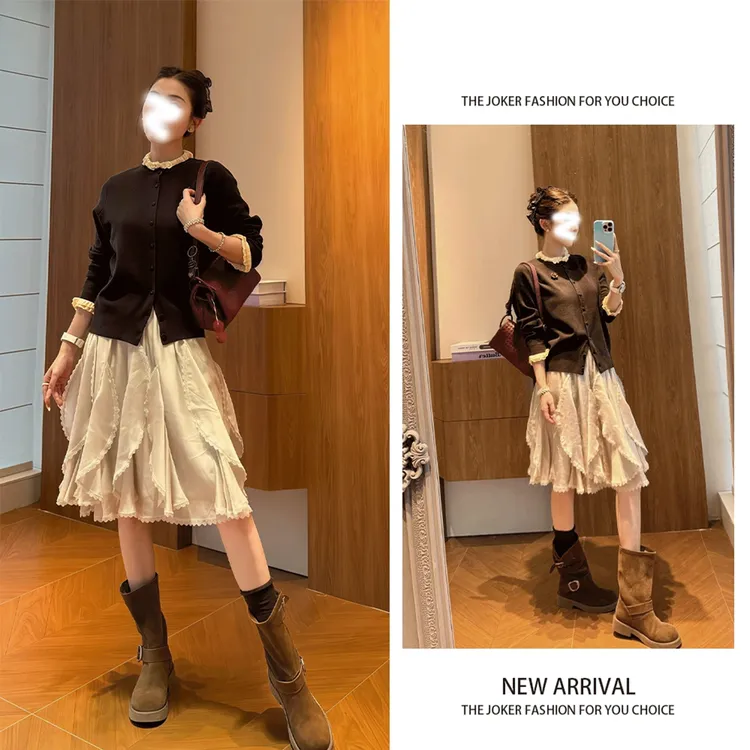 慵懒风松弛感气质时尚百搭棕色针织衫独特漂亮杏色半身裙早秋套装