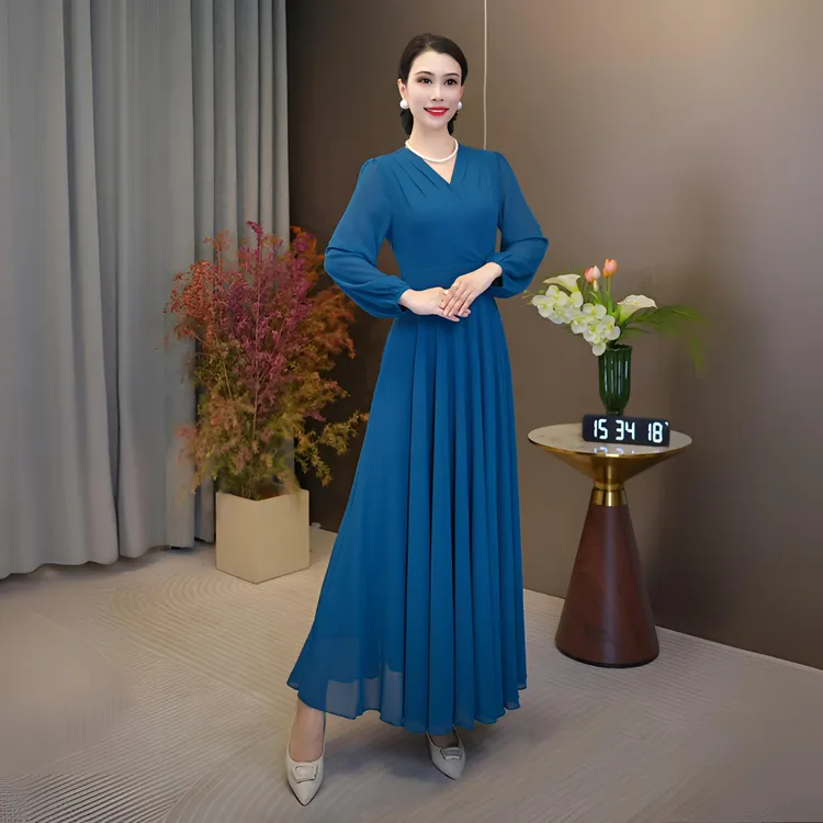 香衣丽华28E-孔蓝春季新款长款过膝大摆连衣裙修身显瘦气质长裙