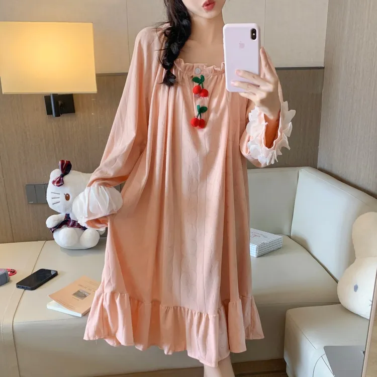 纯色绑带睡裙女秋冬2025可爱风中长款可外穿保暖甜美简约家居服