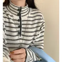 气质撞色羊毛条纹半高领纽扣针织衫小众设计内搭外穿百搭显瘦毛衣