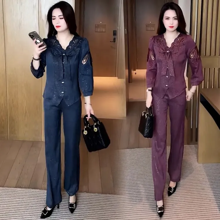 时尚套装女2025春季新款洋气显瘦减龄长袖V领衬衫阔腿裤两件套潮