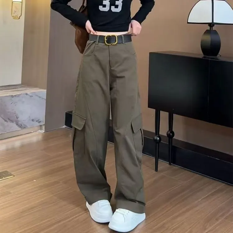 韩版显瘦直筒工装阔腿裤潮2025早秋新款高腰设计休闲长裤女