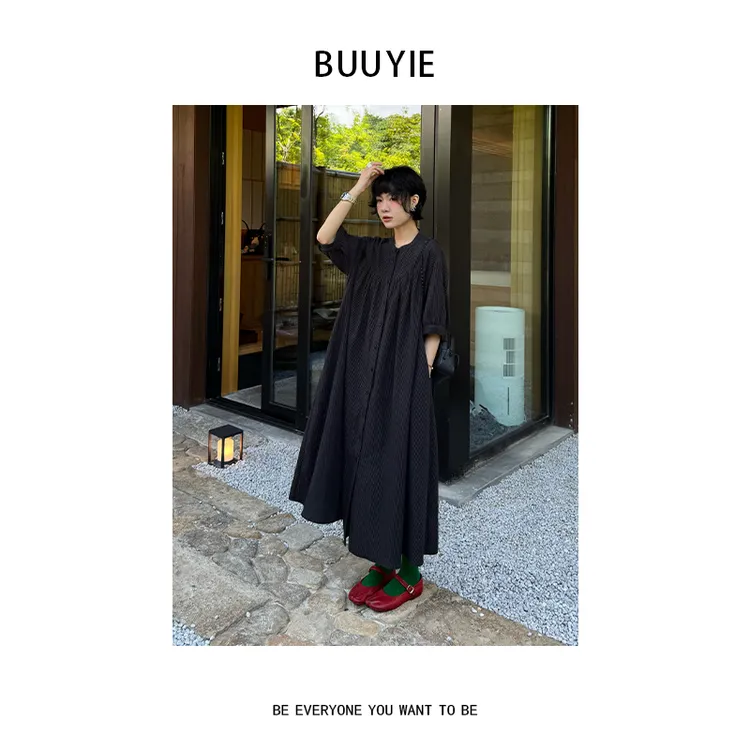 BUUYIE 25SS【疏影】简约风高级感轻奢洋气黑条连衣裙 250659