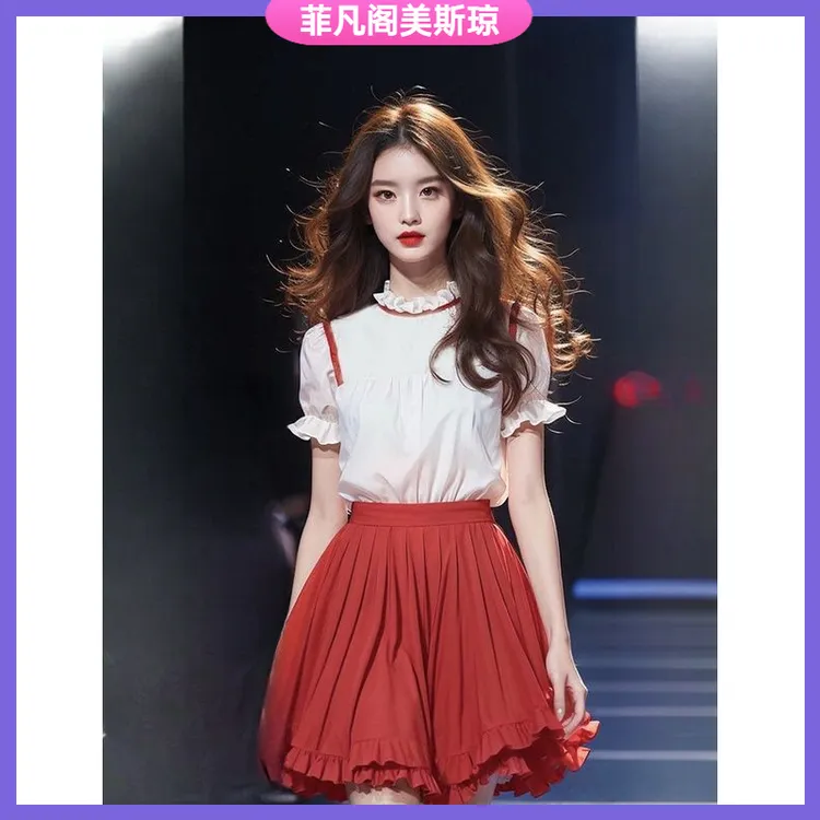 I今年流行漂亮套装裙小个子白色衬衫红色半身裙夏装搭配一整套l