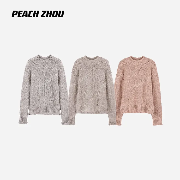 『PEACHZHOU』不规则大肚纱反针罗纹松弛卷边宽松休闲圆领针织毛衣