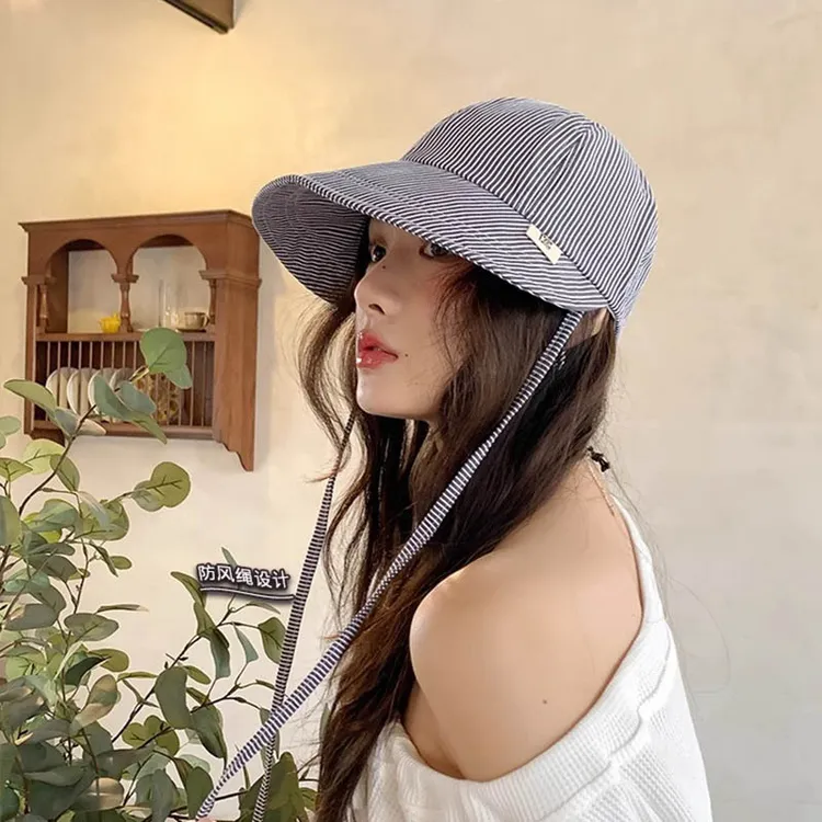 2025春夏新款清新条纹渔夫帽子女百搭出游防晒遮阳帽宽檐圆顶盆帽