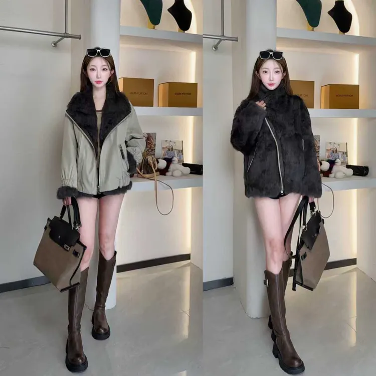【暖冬】新款兔毛皮毛一体两面穿时尚短款派克皮草大衣女士冬季保暖