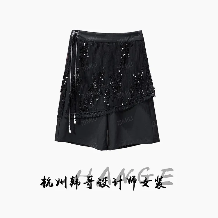 【韩哥女装】欧版小众设计师午夜黑两瓶刺绣A字休闲重工裙裤8393-H5