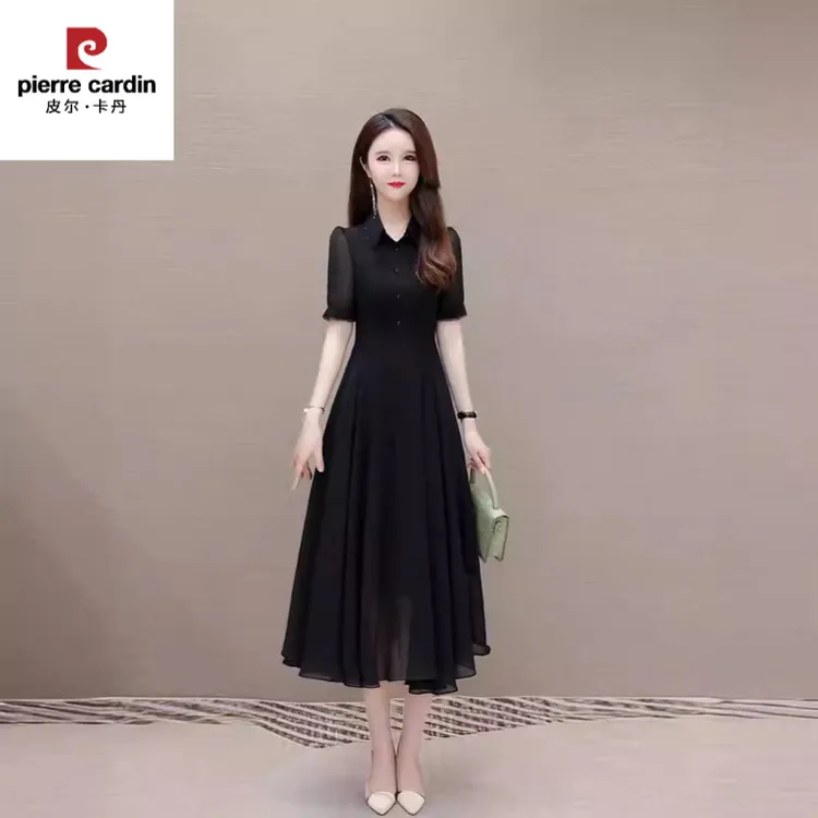 皮尔卡丹洋气时尚POLO领连衣裙女2024年夏季新款韩版修身拼接过膝