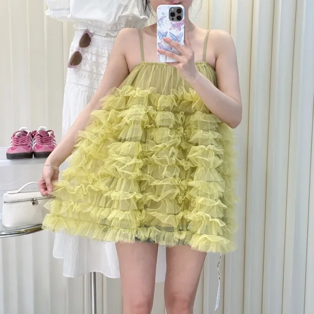 气质裙子纱裙绿色连衣裙夏季春夏吊带连衣裙褶皱吊带吊带裙套装