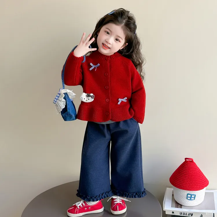 女童套装秋季新款宝宝毛衣开衫外套儿童洋气时髦秋装阔腿裤三件套