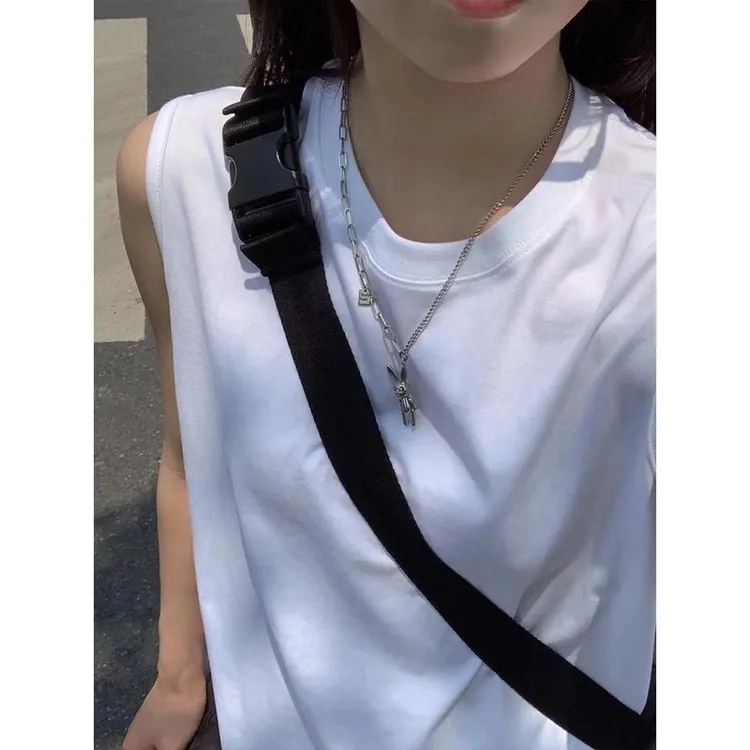 夏季宽松型夏季纯棉男女宽松背心简约纯色牛仔风情侣百搭休闲圆领