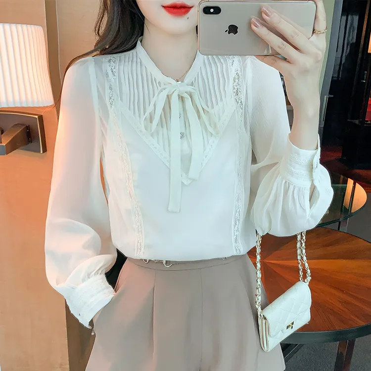 春秋季2025时髦气质衬衫蝴蝶结压褶衬衣高端蕾丝雪纺衫女士送吊带