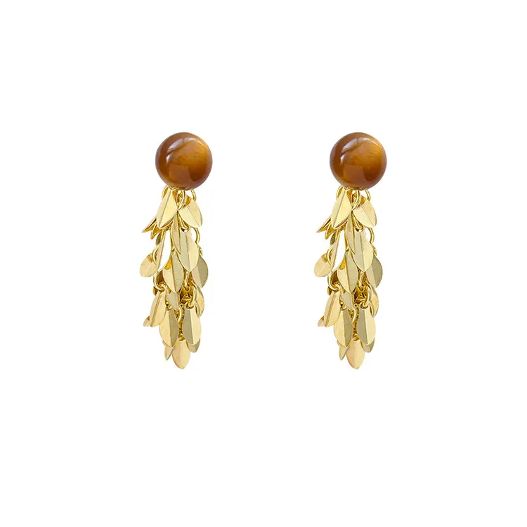 合金仿珍珠耳饰 复古咖色美拉德虎眼石麦穗流苏耳环女秋冬高级感