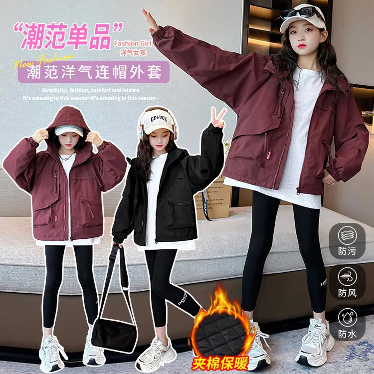 女童秋冬季纯色连帽二棉外套中大童洋气初中生12-15岁夹棉冲锋衣8