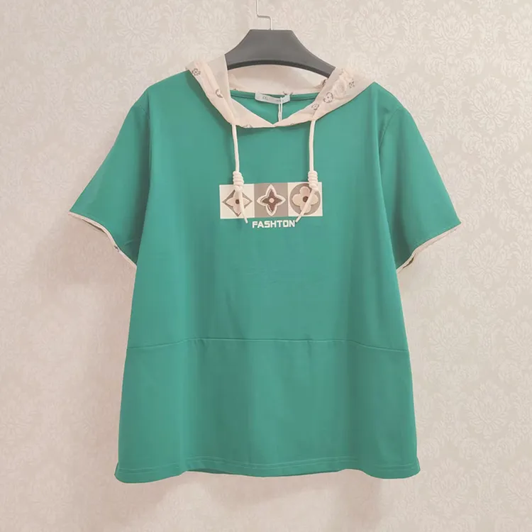 女装短袖刺绣连帽立体裁剪休闲洋气棉T恤抗起球时尚减龄Z10001