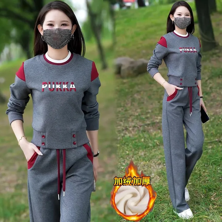 时尚洋气休闲圆领卫衣直筒裤两件套女2025秋季新款加绒运动服套装