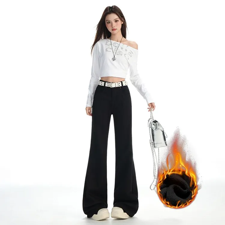 秋冬加绒不贴腿微喇牛仔裤女复古港风百搭高腰显瘦显腿长阔腿裤子