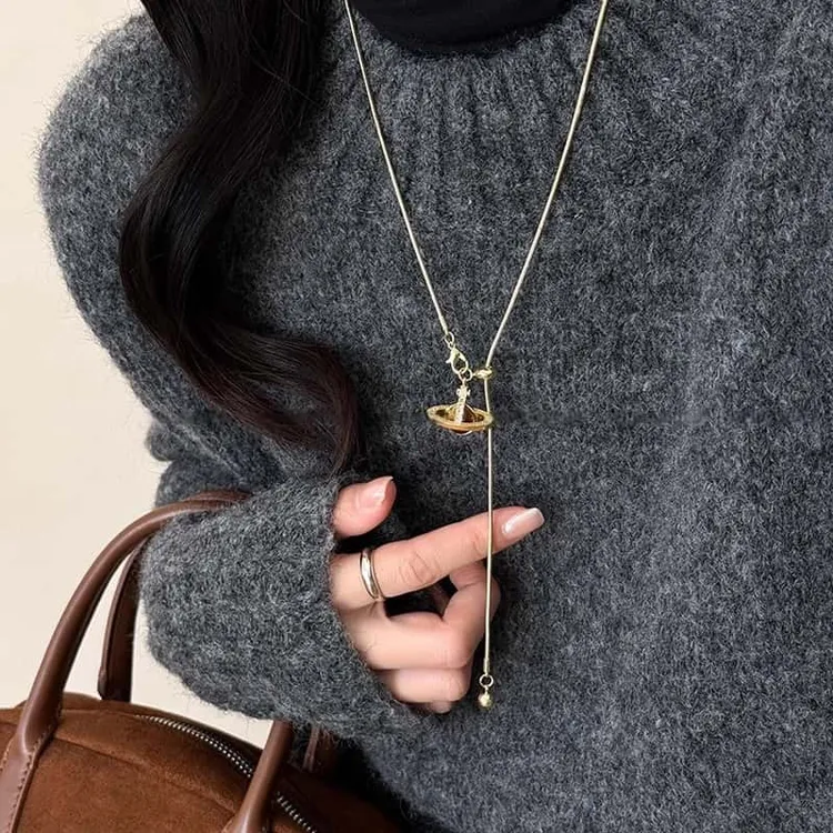 钛钢项链 土星抽拉项链女秋冬长款高级感可调节毛衣链2024年新款