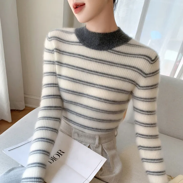 半高领羊绒衫女修身显瘦内搭条纹毛衣秋冬新款羊绒针织打底衫
