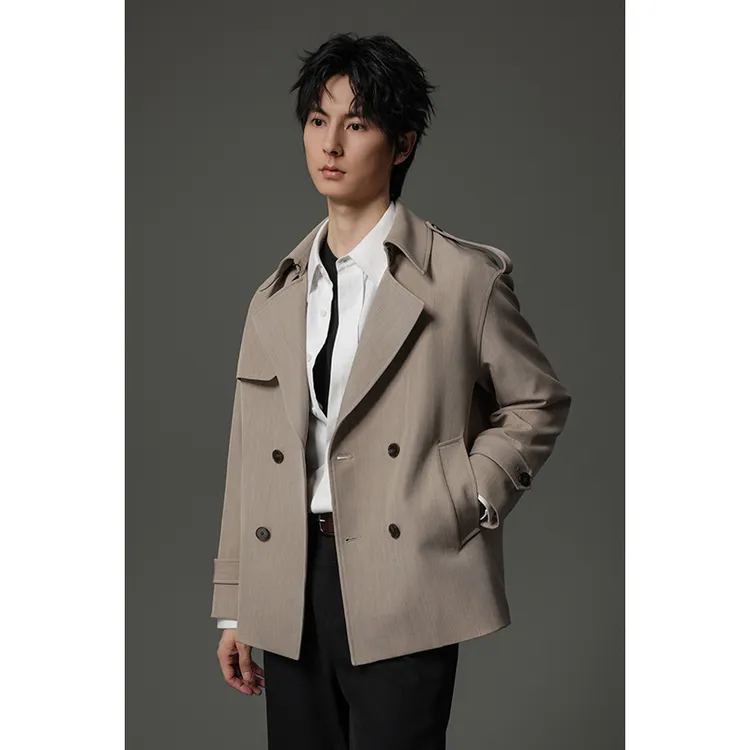 【短款风衣】春秋男士纯色肌理感时尚双排扣薄款宽松拉风帅气风衣17