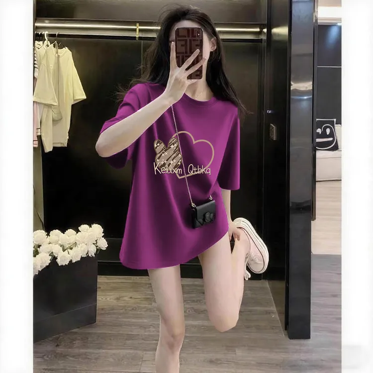 宽松纯棉爱心印花微胖女生遮肚子T恤女短袖2025新款爆款上衣服潮
