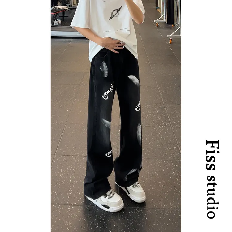 美式休闲直筒牛仔裤男新款vibe设计感涂鸦裤子直筒阔腿松弛感长裤