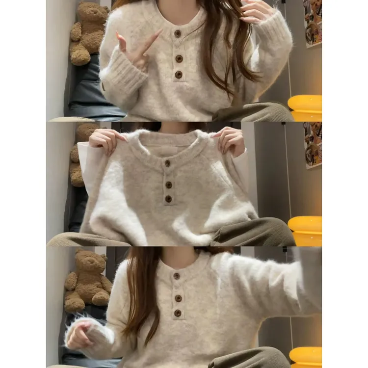 韩系软糯圆领毛衣女秋冬温柔风慵懒高级感内搭外穿针织衫打底上衣