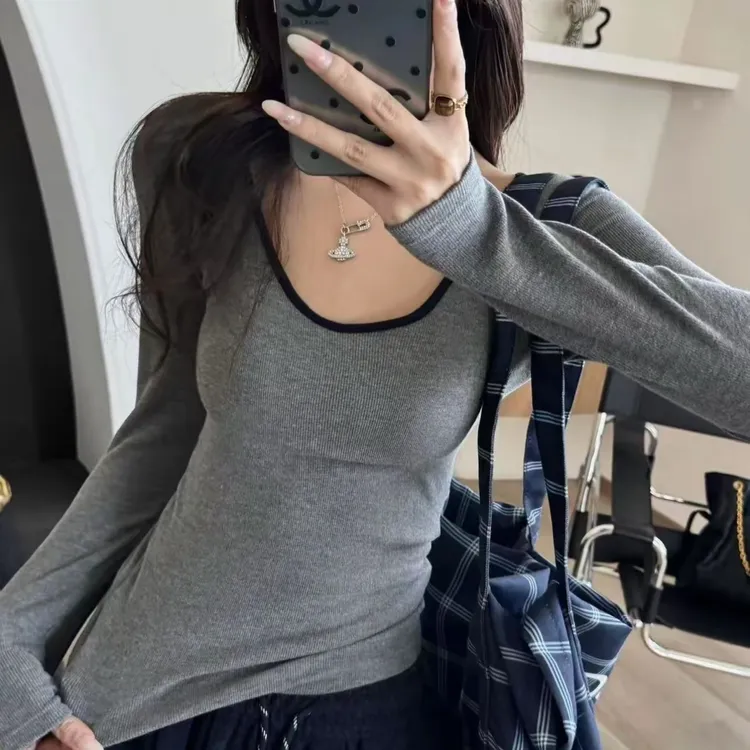 【U领长袖上衣加绒带胸垫】秋冬保暖打底百搭显瘦时尚修身