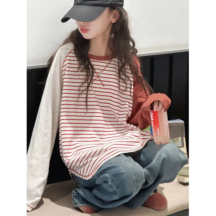 K29704孙小美插肩袖女童长袖T恤2025秋新款儿童条纹上衣春秋打底
