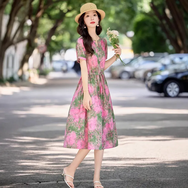 今年流行棉麻连衣裙中长款2025夏季新款韩版爆款宽松显瘦漂亮裙子