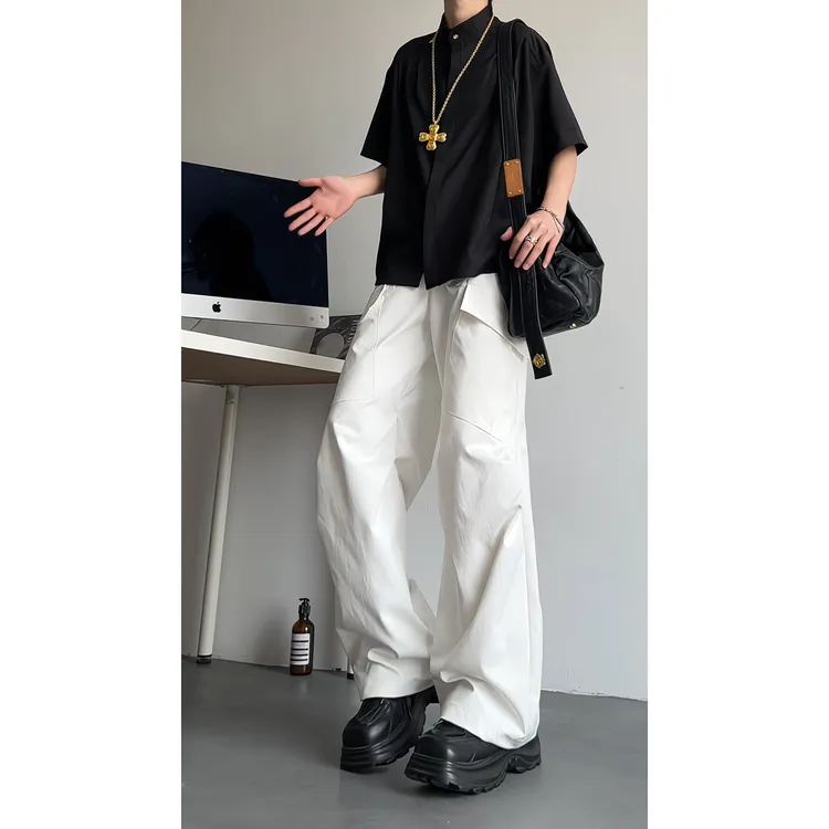 VIPOL美式高街白色工装裤男士潮牌阔腿长裤情侣直筒运动休闲裤子