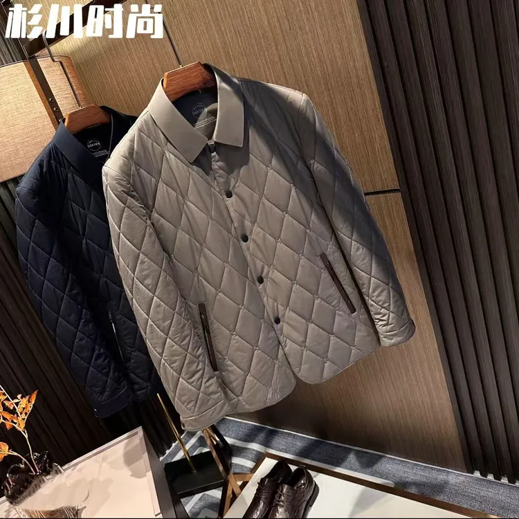 商务休闲系列冬季男士高档纯色菱形格翻领保暖轻薄棉衣棉服外套