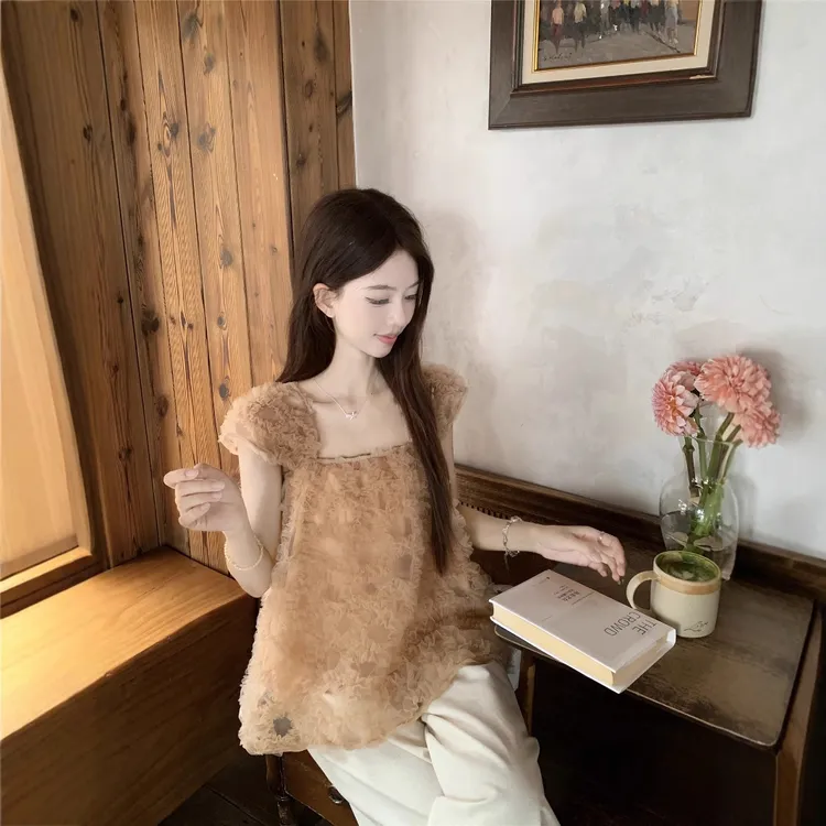 韩版甜美重工立体网纱蓬蓬下摆小飞袖上衣高腰百搭阔腿裤女