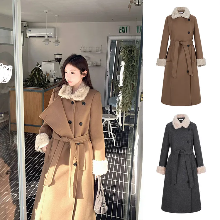 Moses Queen/魔西女王复古氛围感系带呢子大衣温柔收腰毛领外套