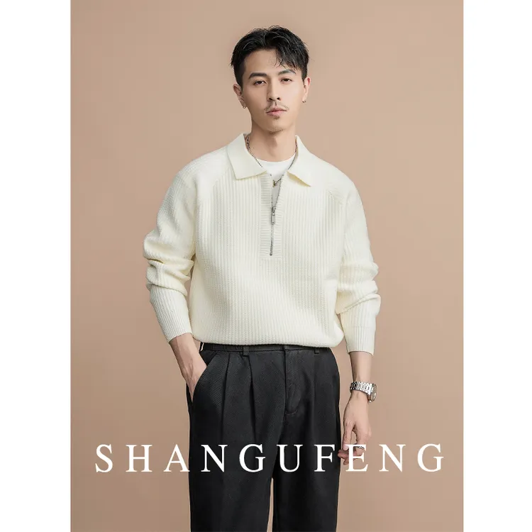 SHANGUFENG羊毛混纺复古老钱Polo针织衫男时尚半拉链长袖针织毛衣