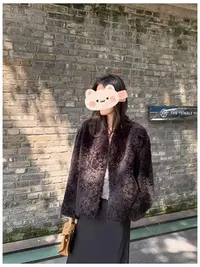 凯哥 [紫韵女神] 西班牙小V领胎羊拉贡羊皮毛一体外套2508-1