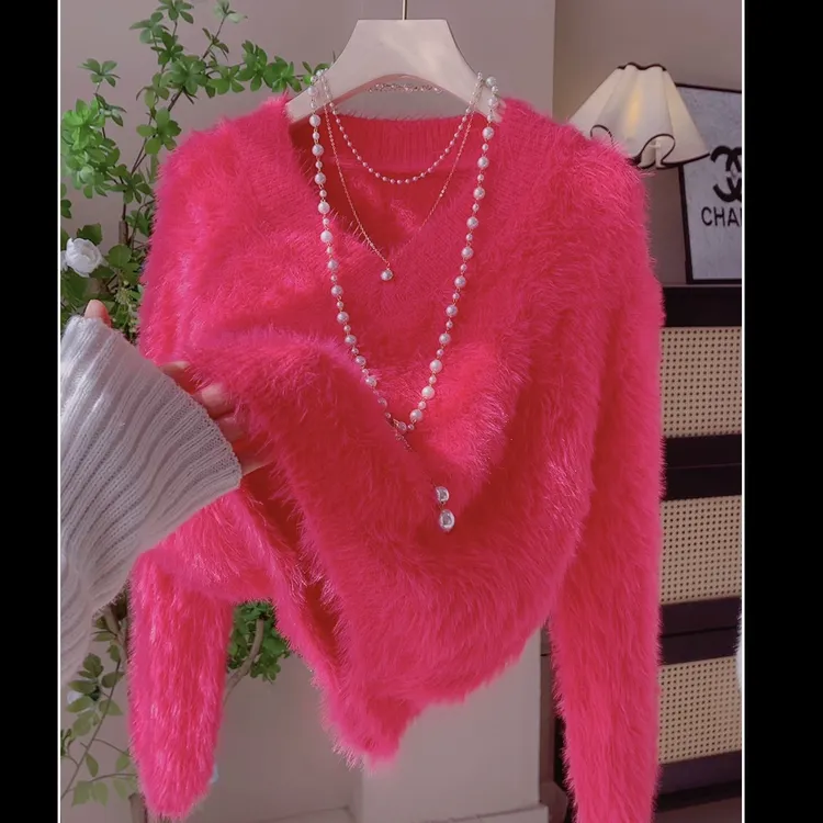 003-仿貂绒短款纯色V领套头毛衣春秋新款糖果色针织上衣