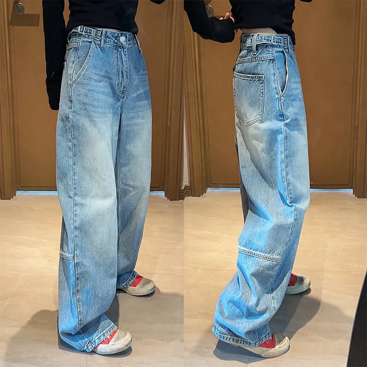 2025欧货夏季新款欧货可调节腰直筒水洗蓝牛仔裤宽松休闲阔腿裤女
