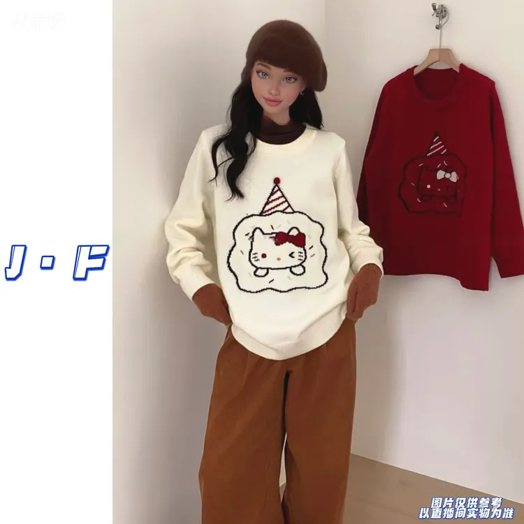 JF定制大码0487秋冬新款卡通猫咪拼色针织毛衣