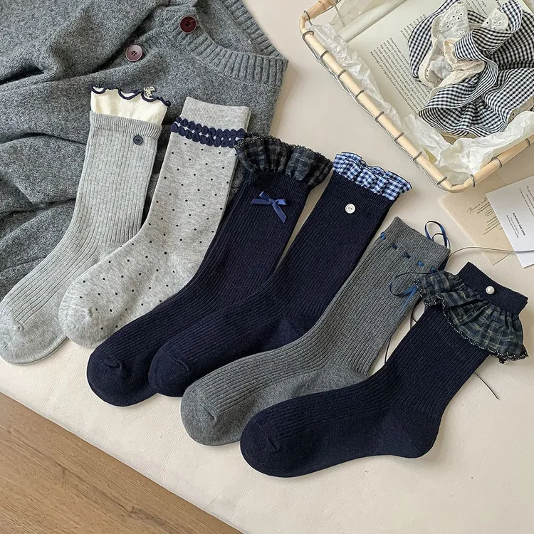 秋冬复古花边袜子韩版女中筒袜秋季miu蝴蝶结小香风堆堆袜jjj