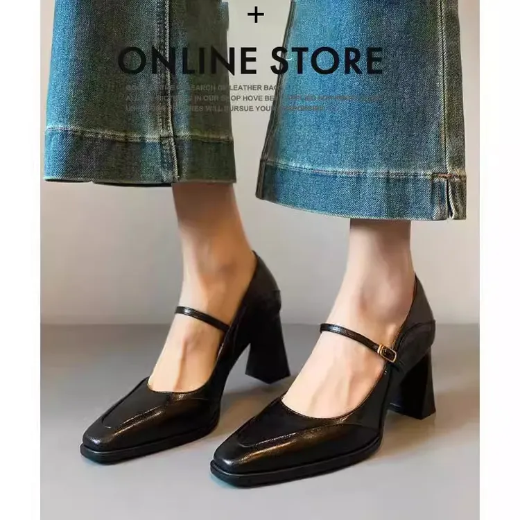 复古浅口法式高跟玛丽珍鞋女2025新款一字扣带粗跟方头时装单鞋女