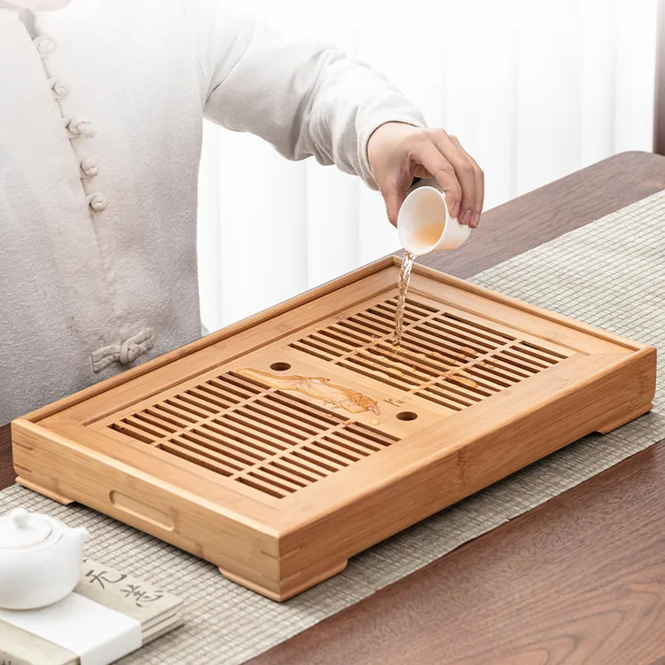 竹制家用小茶盘方形干泡盘竹制迷你储水式托盘茶海台功夫茶具茶道