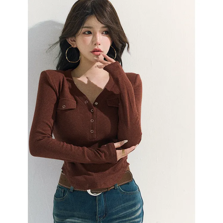 GUIDI GUDI【韩漫比例】韩系V领休闲显瘦长袖上衣/黄加蓝