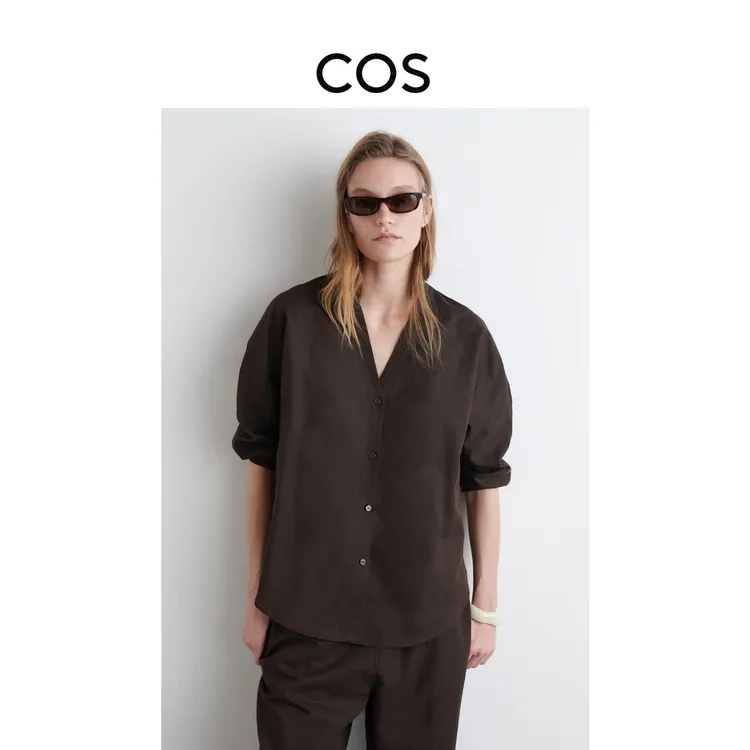 COS女装 休闲版型亚麻混纺上衣深棕色2025夏季新品1301666002